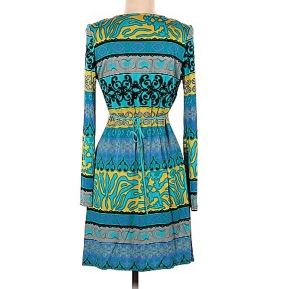 Hale Bob 100% Silk Beaded Trim Funky Print Dress Medium Long Sleeve Boho 90s - Picture 5 of 10